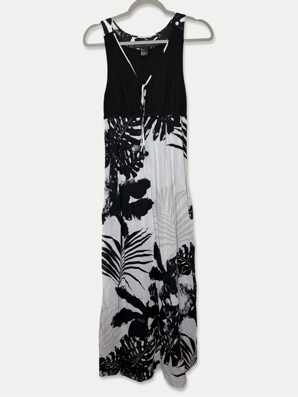 Yansi Fugel Small Black White Tropical Floral Cotton Maxi Dress